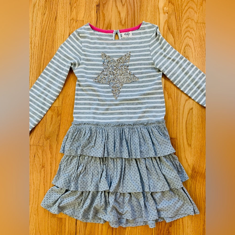 Mini Boden cotton  grey stripes shiny star dress girls 11-12